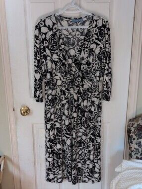 Black and White Floral Wrap Midi Dress